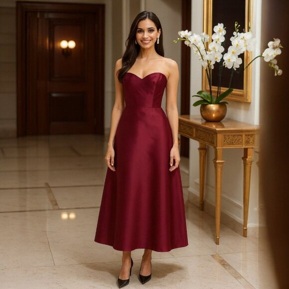 Alfred Sung Burgundy Strapless Satin Dress Size 14 Formal Gown Wedding NWT - Picture 4 of 10